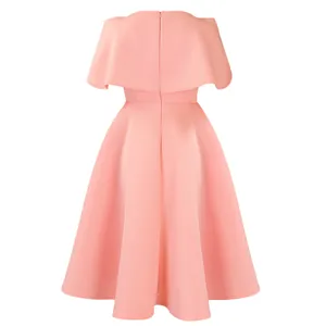 Back view of elegant peach pink party dress featuring a unique cape-style shoulder
