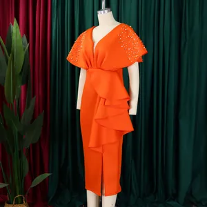 Elegant orange V-neck evening dress with beaded cape sleeves and tiered ruffles
