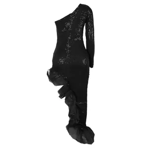 Side view detail of a black sequined one-shoulder dress with ruffled mesh trim