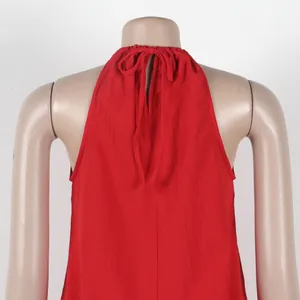 Back detail of a red halter neck sleeveless top featuring a stylish tie-up bow