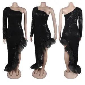 Detail views of a black one-shoulder sequin dress with asymmetrical mesh ruffle hem.