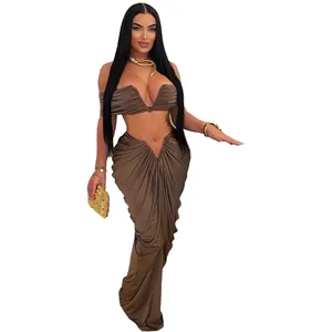 Detailed view of sexy brown strapless pleated two-piece set with floor-length skirt