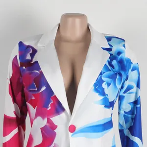 Detail shot of a sexy white blazer with vibrant blue and magenta floral print