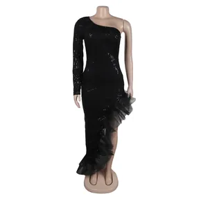 Elegant black sequined one-shoulder dress with asymmetrical mesh ruffle hem detailing