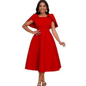 Elegant red party midi dress featuring a unique cape-style shoulder design and flared skirt