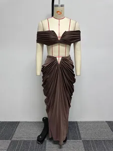 Detailed view of brown ruched two-piece off-the-shoulder maxi dress set