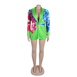 Two-piece floral print blazer and shorts set in vibrant green for a sexy summer look