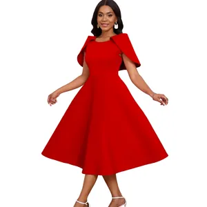 Elegant red party dress featuring cape sleeves and a flared A-line skirt silhouette