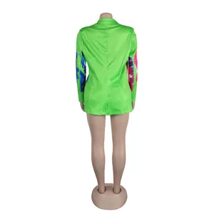 Detailed back view of a sexy green blazer and shorts set with colorful printed sleeves.