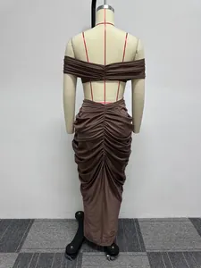 Close-up back view of brown two-piece ruched maxi dress set with off-shoulder crop top