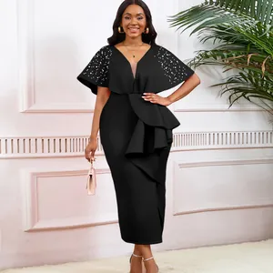 Elegant black V-neck evening gown with ruffled waist and pearl beaded shoulders.