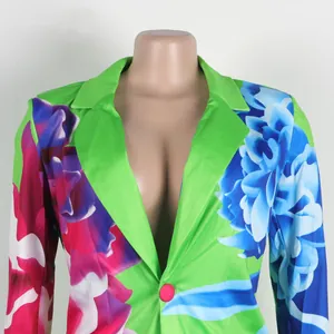 Vibrant floral print blazer featuring green lapels and large peony flower patterns