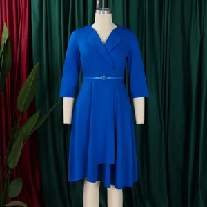 Elegant royal blue V-neck midi dress with high waist belt and pleated A-line skirt.
