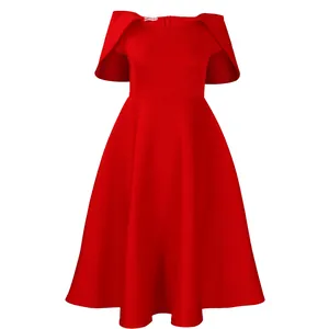Elegant red cape-sleeve formal cocktail dress with a large swing skirt for parties