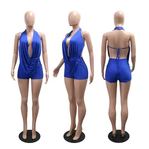 Tuta blu reale senza schiena con profondo scollo a V e dettagli stringati da donna