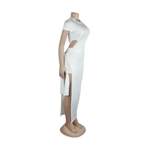 Side view of white sexy cutout two-piece midi dress with high slit and tie details