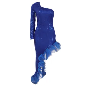 Detailed view of elegant blue sequined one-shoulder dress with ruffled mesh hemline