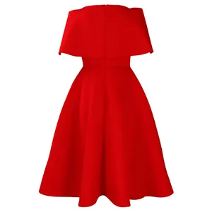 Back view of an elegant red cape evening dress featuring a flared skirt and zipper