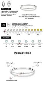 Technical details of marquise cut Moissanite ring with S925 silver grading specs