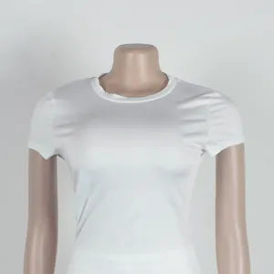 Detail shot of a white short sleeve crew neck slim fit top displayed on a mannequin