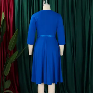 Detailed back view of elegant royal blue high waist midi dress with 3/4 sleeves