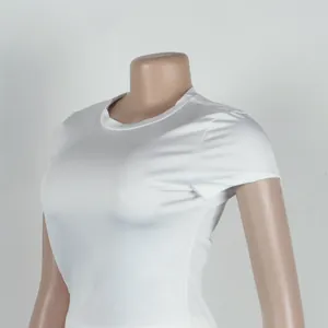 Detailed side view of a white slim-fit stretch T-shirt displayed on a mannequin