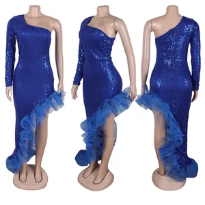 Detailed views of royal blue one-shoulder sequin dress with ruffled mesh hemline