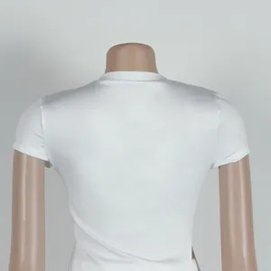 Detailed back view of a white slim-fit short sleeve elastic top for women's outfit