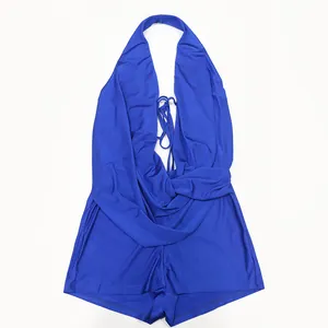 Pagliaccetto blu con scollo all'americana e schiena scoperta con dettaglio drappeggiato