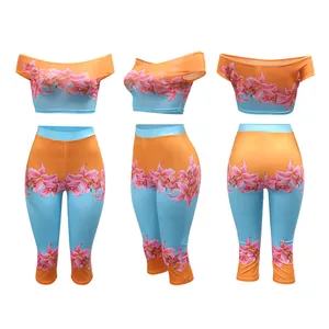 Detailed three-sided view of blue and orange floral off-shoulder top and pants set