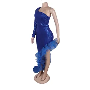Detailed view of blue sequined one-shoulder dress with ruffled mesh asymmetric hem