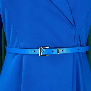 Detail of elegant blue V-neck dress featuring a chic matching adjustable waist belt