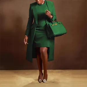 Elegantes dunkelgrünes Blazer-Westen- und Kleid-Set für Damen
