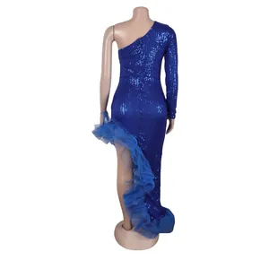 Elegant royal blue sequin one-shoulder dress with ruffled mesh asymmetric hem detail