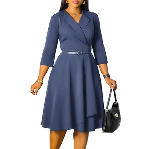 Elegant navy blue V-neck midi dress with a high waist belt and a flared skirt design