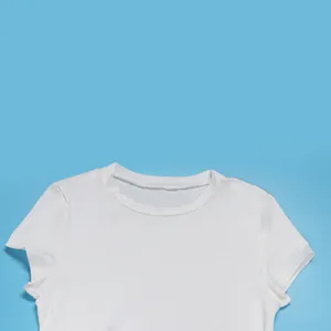 Detail view of the neckline and fabric texture of a white fitted crew neck T-shirt.