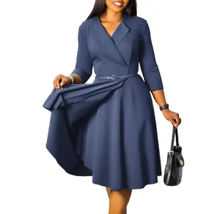 Elegant blue V-neck dress featuring a high waist, wide swing skirt, and matching belt