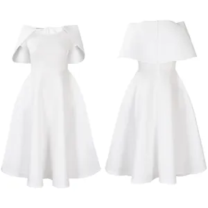 Front and back detail of white cocktail dress with elegant cape sleeves and A-line silhouette