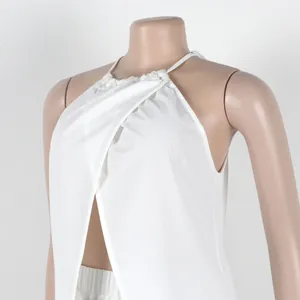 Detailed view of white sexy halter neck split front sleeveless two-piece outfit