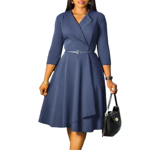 Elegant blue V-neck knee-length dress featuring a flared skirt and a matching waist belt
