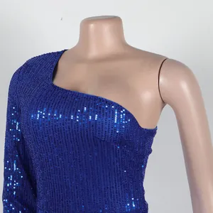 Close-up detail showing the intricate blue sequins on a sexy one-shoulder party dress