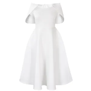 Elegant white midi dress featuring unique capelet sleeves and a flared A-line skirt