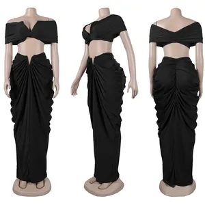 Detailed three-view of black two-piece set with off-shoulder top and draped maxi skirt