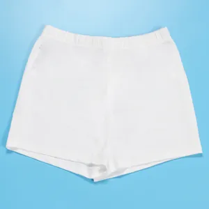 A clear front view of plain white athletic sports shorts featuring a comfortable elastic waistband.