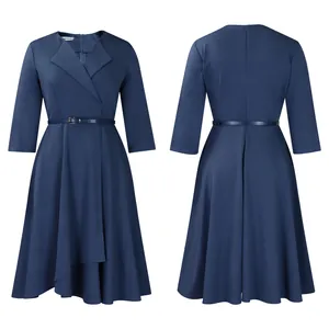 Front and back views of a elegant navy blue V-neck flare midi dress with high waist belt