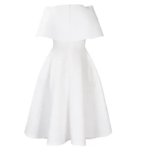 Elegant white off-shoulder flared party dress with cape design shown from rear view