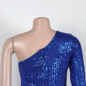 Detail shot of a sexy blue sequined one-shoulder dress on a mannequin for party wear.