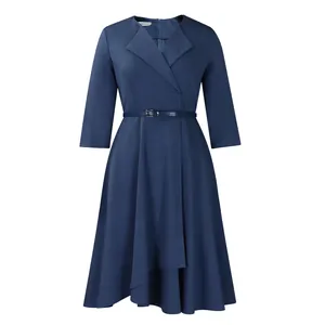 Elegant navy blue V-neck midi dress with three-quarter sleeves and slim waist belt detail