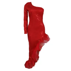 Elegant red one-shoulder sequined midi dress with asymmetric mesh ruffled hemline