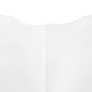 Macro view of a white elegant socialite banquet party dress with a hidden back zipper.